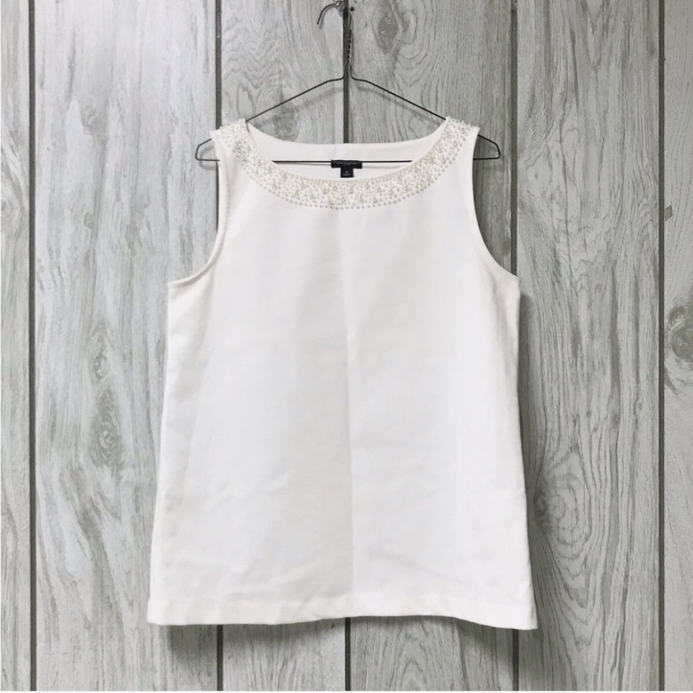 Ann Taylor Women Ivory White Pearl Beaded Neckline Sleeveless Cami Tank Top